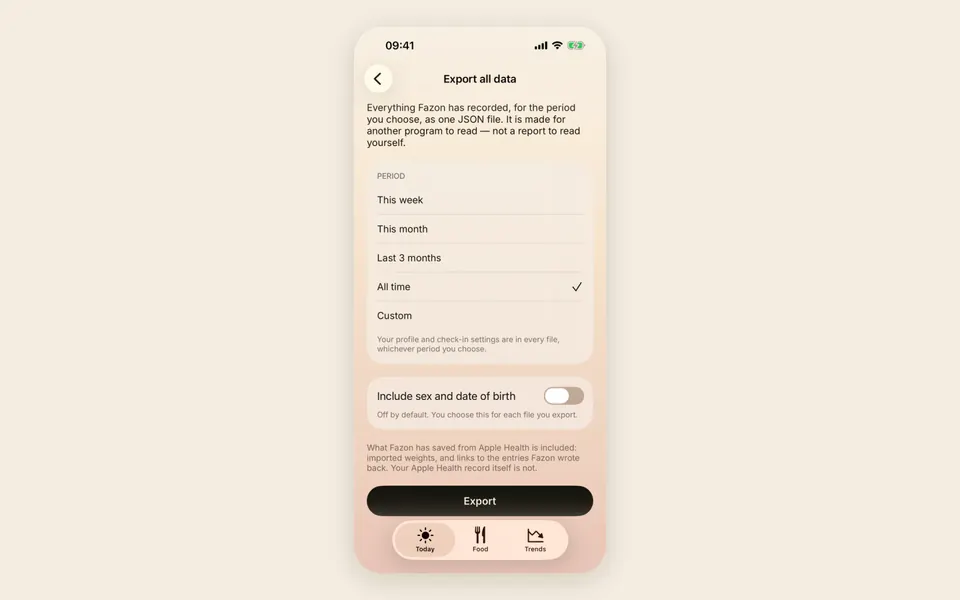Fazon's Export all data screen, with All time chosen as the period and Include sex and date of birth turned off.