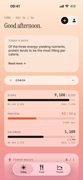 The Today screen during an Active Phase: the phase day count, the coach, the day's targets and this week's Power Walks.
