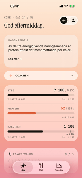Idag-vyn under en aktiv fas: fasens dagräknare, coachen, dagens mål och veckans Power Walks.