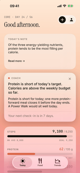 The coach opened on the Today screen: a short note on how the week is going, and when the next check-in is.