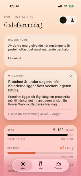 Coachen öppnad på Idag-vyn: en kort kommentar om hur veckan går och när nästa avstämning är.