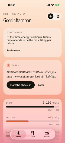 The coach on the Today screen offering the weekly check-in, with a choice to start it now or later.