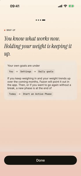 The last step of the phase review: a short wrap-up on holding the new weight, and where to start a new phase later.