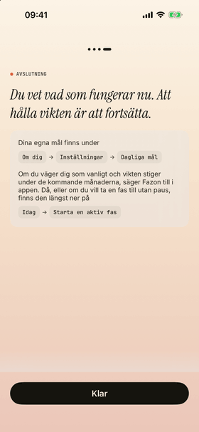 Sista steget i fasens sammanfattning: en kort avslutning om att hålla den nya vikten, och var man startar en ny fas senare.