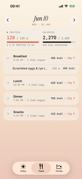 The food log for one day: breakfast, lunch, dinner and snacks, with calories and protein for each meal.