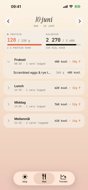 Matloggen för en dag: frukost, lunch, middag och mellanmål, med kalorier och protein för varje måltid.