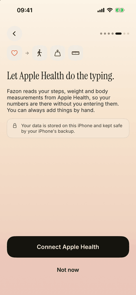 Connecting Apple Health, so steps, weight and body measurements arrive without typing. You can also enter them by hand.