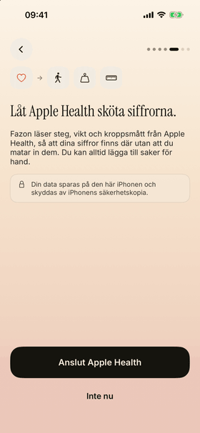 Anslut Apple Health, så kommer steg, vikt och kroppsmått in utan att du skriver. Du kan också fylla i dem för hand.