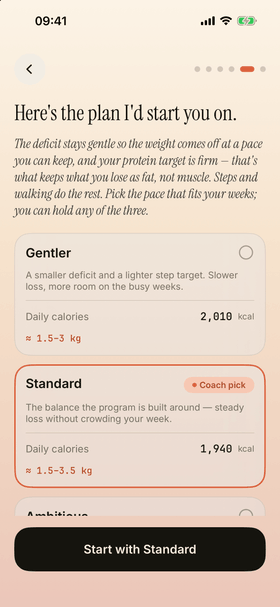 Starting an Active Phase: the coach's proposed plan, with three paces to choose from and a daily calorie target for each.