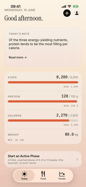 The Today screen in Maintenance Mode: steps, protein, calories and weight, each shown against the person's own goal.